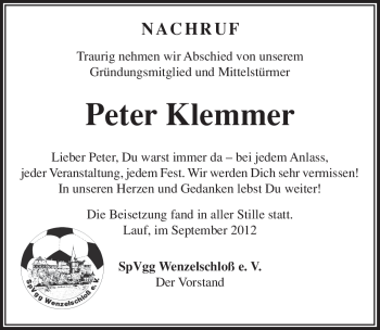 Traueranzeige von Peter Klemmer von Pegnitz-Zeitung